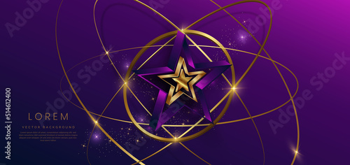 3d golden star with golden on dark blue and purple background with lighting effect and spakle. Template luxury premium award design.