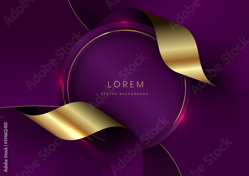 Abstract 3d curved violet and gold ribbon on violet background with lighting effect copy space for text. Luxury design style.