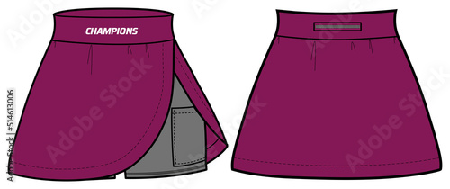 Women Running trail mini skirt with compression under short tights jersey design flat sketch fashion Illustration for girls and Ladies, Skort concept with front and back view for tracking active wear.
