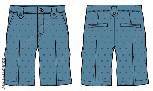 Chino sartorial Shorts design flat sketch vector illustration, denim casual shorts concept with front and back view, printed walking bermuda shorts design illustration