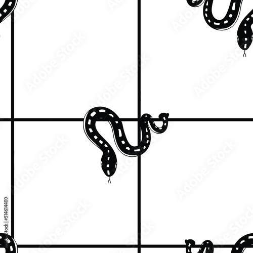 Seamless vector pattern with black snake on white background. Simple hand drawn boa wallpaper design. Decorative animal fashion textile.