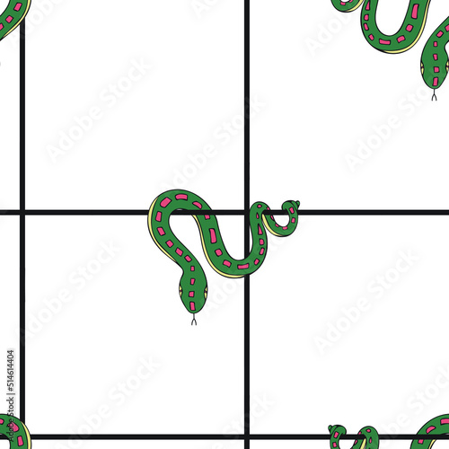 Seamless vector pattern with green snake on white background. Simple hanging boa wallpaper design. Decorative animal fashion textile.