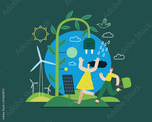 Ecology - Renewable energy -Modern flat vector concept illustration of Solar panels, Wind turbines, Rain power. A young woman and a boy running. Creative landing web page template