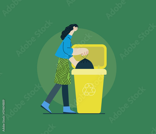 Ecology - Waste sorting -Modern flat vector concept illustration of a young woman putting a trash bag into the garbage container for plastic waste. Creative landing web page template