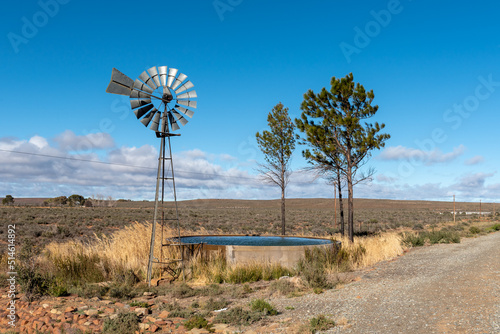 Landscape withwater-pumping windmill, trees and dam