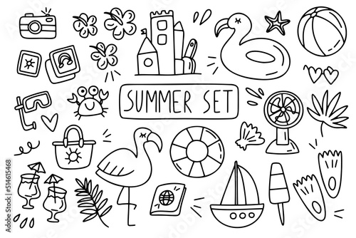 Beach vacation sea line drawings elements. Summer doodle outline sketch.