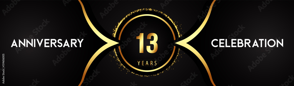 Fototapeta premium 13 years anniversary celebration logotype with circle glitter sparkle on black background. Premium design for banner, birthday party, weddings, event party, graduation, poster, greetings card.