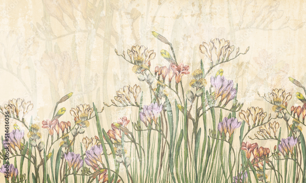 dried flowers wild flowers on a texture background in vintage style photo wallpaper in the interior