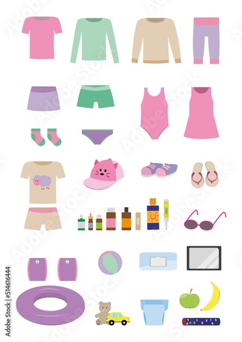 travel list to pack for little girl, traveling with a toddler vector illustration, clothing and accessories, isolated items