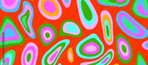 Psychedelic groovy background with colorful melting blobs and circles in retro 60s hippie art style.