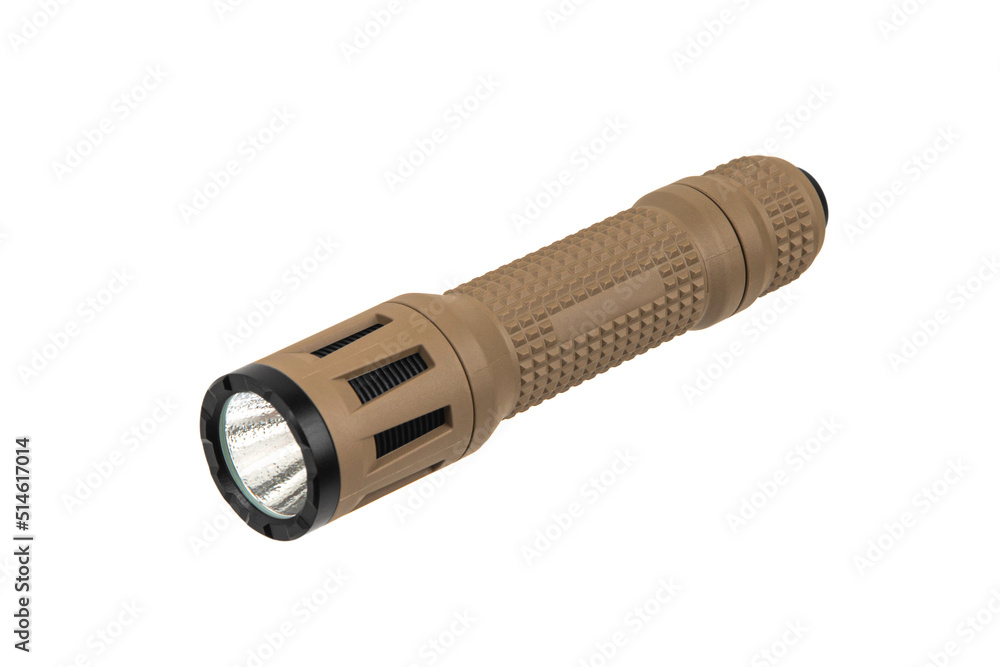 Brown metal LED flashlight isolate on a white back. Pocket lamp for dark time of day or dark rooms. Brown metal LED flashlight isolate on a white back. Pocket lamp for dark time of day or dark rooms.