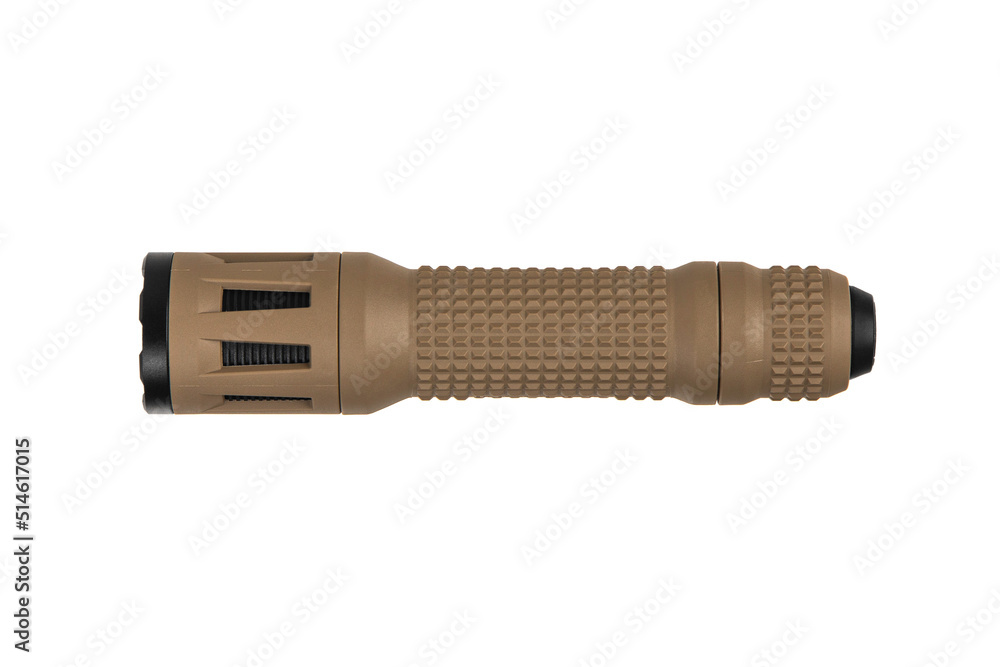 Brown metal LED flashlight isolate on a white back. Pocket lamp for dark time of day or dark rooms. Brown metal LED flashlight isolate on a white back. Pocket lamp for dark time of day or dark rooms.