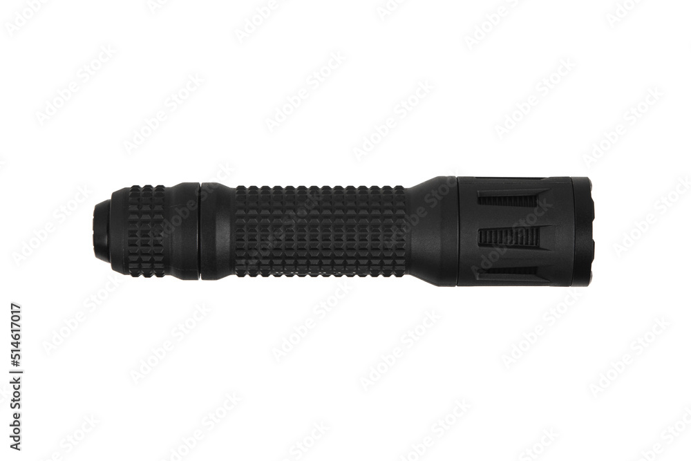 Black metal LED flashlight isolate on a white back. Pocket lamp for dark time of day or dark rooms. Black metal LED flashlight isolate on a white back. Pocket lamp for dark time of day or dark rooms.