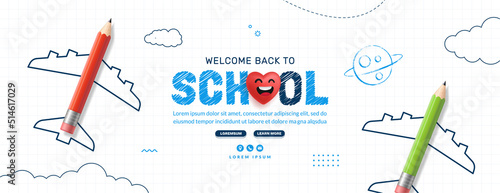 Back to School horizontal banner with colored pencil plane. Online courses, learning and tutorials Web page template. Online education concept