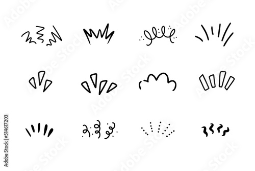 Drawings doodle set illustrations of lines showing concentrated lines, awareness, inspiration, sunburst, sun rays, surprises, etc.