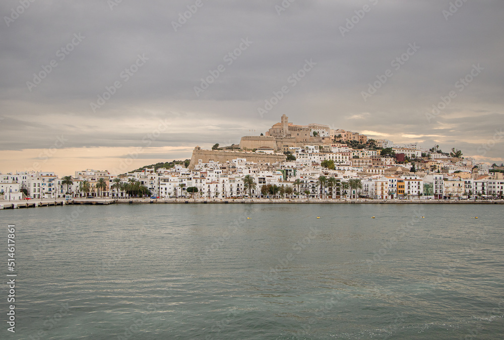 Panoramic view of the old town of Ibiza with its cathedral