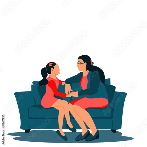Mother and teen daughter sitting and talking on sofa at home. Happy girl and Mum chatting together.Vector isolate flat design of Teenager and parent communication illustration on white background.