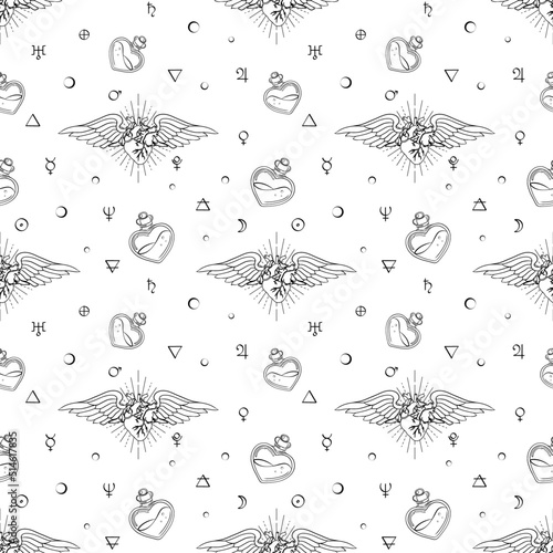 Magic hand drawn seamless pattern on white background. Vector fantasy seamless pattern with hearts with wings, love poition bottles and alchemy symbols. Witchcraft concept.