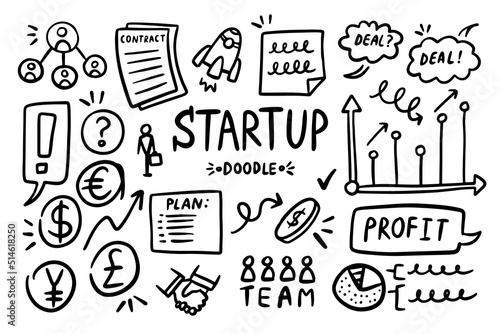 Startup doodle vector set. Sketch outline business strategy icons. Drawing element silhouette