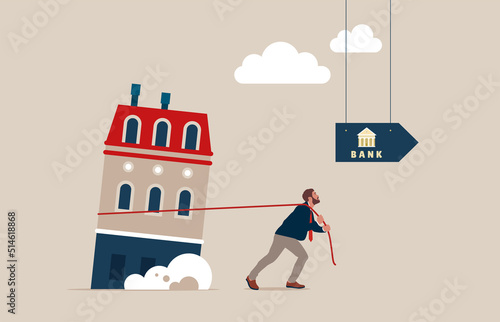Mortgage Refinancing Loan-male dragging house to the bank. Vector illustration in flat style.