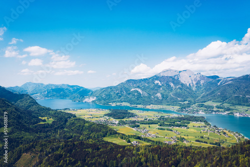 Lake Wolfgangsee and Schafberg Mountain in Salzkammergut. Scenic aerial panorama of the famous lake in Austria. © mdworschak