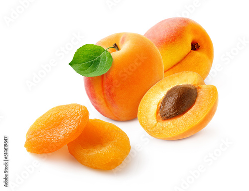 Two dried apricots with fresh apricots isolated on white background. Apricots fruits isolated.