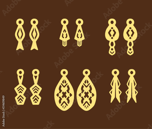 A collection of Earrings templates with geometric shapes. Isolated stencils pattern suitable for handmade work, laser cutting and printing.