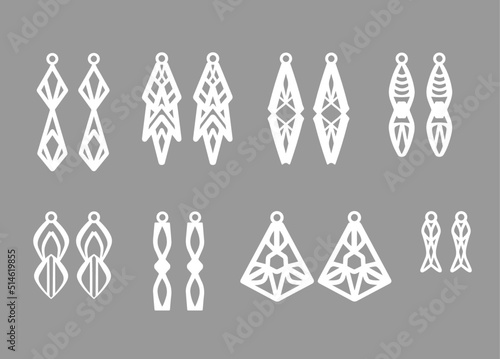 A collection of Earrings templates with geometric shapes. Isolated stencils pattern suitable for handmade work, laser cutting and printing.