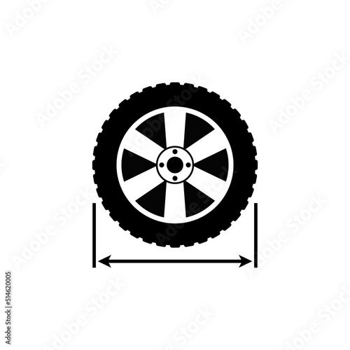 Car wheel size. Vector illustration with double arrow. Drawing and icon on a white background. 