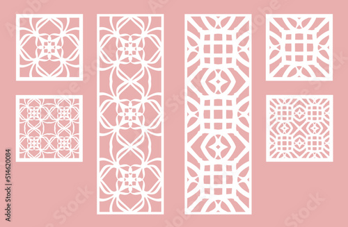 Wall panel set. Room screens and dividers design. Laser cut panel vector. Cutout silhouette with geometric pattern, ideal for paper cut card printing, engraving, laser cutting paper, wood, metal.