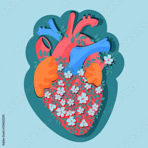 Anatomic flat heart with little white flowers and leaves. Papercut effect vector illustration