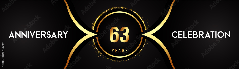 63 years anniversary celebration logotype with circle glitter sparkle on black background. Premium design for banner, birthday party, weddings, event party, graduation, poster, greetings card.