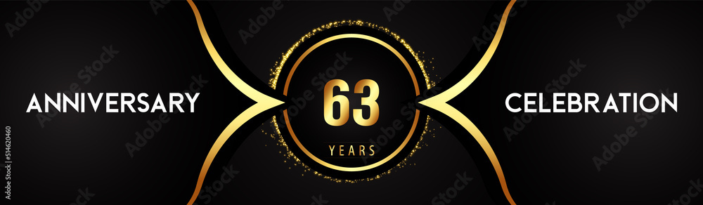 Fototapeta premium 63 years anniversary celebration logotype with circle glitter sparkle on black background. Premium design for banner, birthday party, weddings, event party, graduation, poster, greetings card.