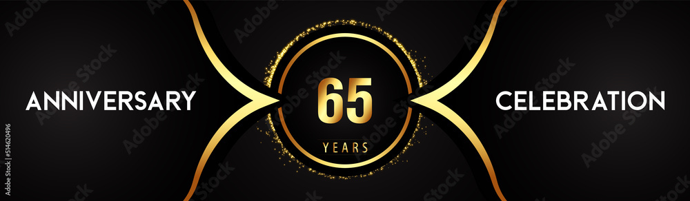 Fototapeta premium 65 years anniversary celebration logotype with circle glitter sparkle on black background. Premium design for banner, birthday party, weddings, event party, graduation, poster, greetings card.