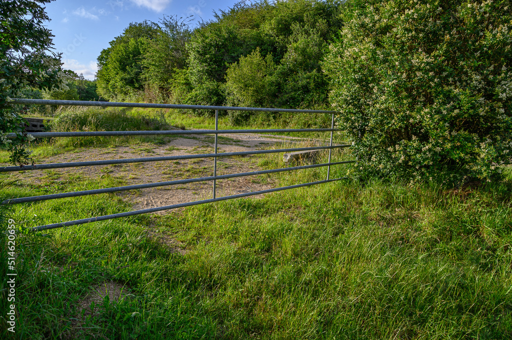 elongated metal fence in the middle of the field, behind it a plowed field prepared for planting, on the sides and in the background bushes and a forest of very leafy and green trees
