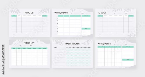 Set of 6 minimalist planners. Daily, to-do list, weekly, planner template.	