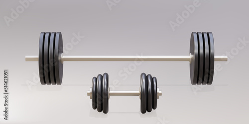 3d realistic barbell and dumbbell on gray background. Vector illustration.