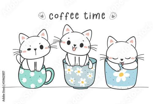 group of cute funny kitten cats sitting in coffee cup mug collection, adorable animal pet hand drawing doodle vector