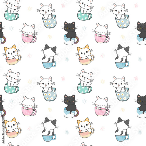 seamless pattern background cute kitten cat in coffee cup tea mug cartoon doodle hand drawing isolated on white background