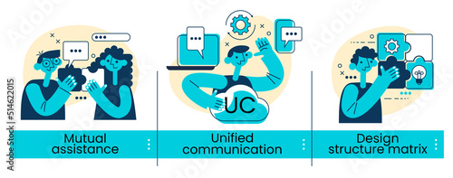 Design structure matrix, mutual assistance, Unified communication concepts with people characters. Business support abstract concept.