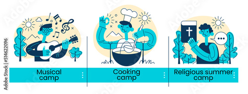 Musical camp, culinary education, religious camp, Bible study. Summer vacation abstract concept vector illustration set.