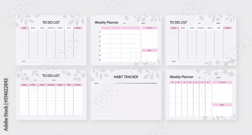 Set of 6 minimalist planners. Daily, to-do list, weekly, planner template.