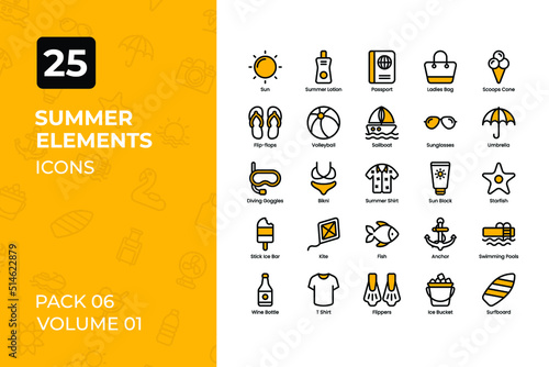 Summer Icons Collection. Set contains such Icons as sunny, hot day, beach, summer party, and more.