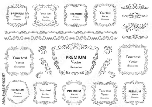 Calligraphic design elements . Decorative swirls or scrolls  vintage frames   flourishes  labels and dividers. Retro vector illustration
