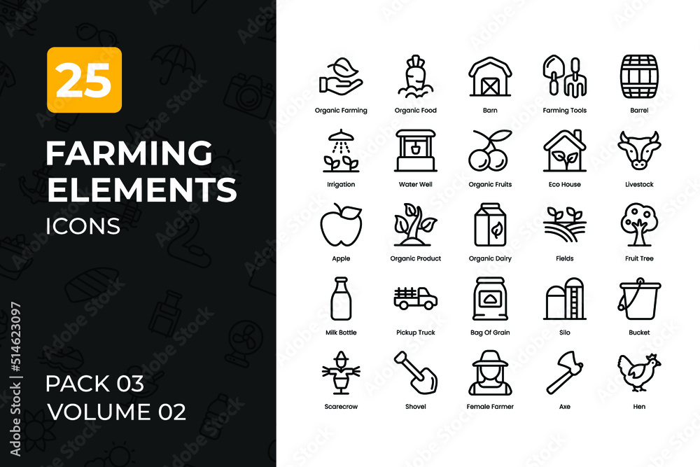 Farming Icons Collection. Set contains such Icons as farmer, garden tool, tractor, milk, and more.