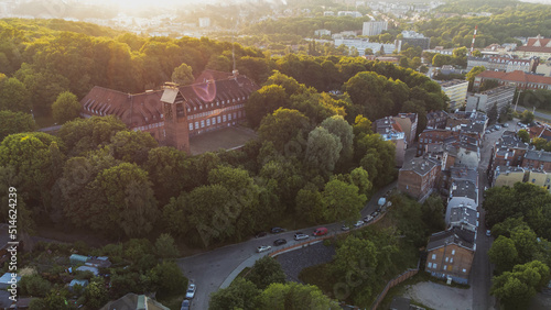 A drone view of Biskupia Gorka in Gdansk and the former Pawel Beneke youth hostel, now the Police building. photo