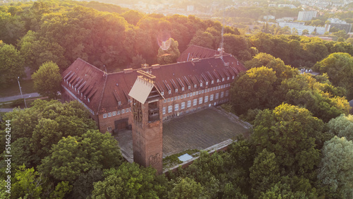 A drone view of Biskupia Gorka in Gdansk and the former Pawel Beneke youth hostel, now the Police building. photo