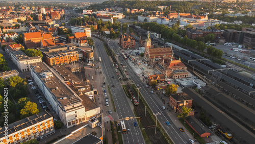 A drone view of the Old Town in Gdansk including the Central Station and the main road. Gdansk, Poland, sunset.