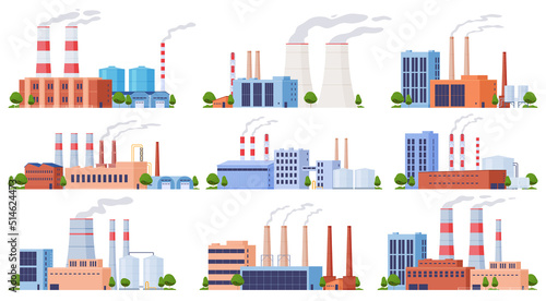 A set of various factories. Production of various items, heavy metallurgy. Industrial buildings with pipes. Vector illustration