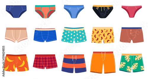 A set of men underpants and swimming trunks of various models. Clothes for the beach, underwear. Vector illustration